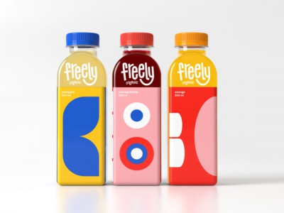 Freely Organic Juice
via：Taymara Sanchez and Gemma Monllory
这是由2位学生设计的概念型包装设计，瓶子四面不同图案使其可以和其他瓶子进行混搭组合，得到不一样的乐趣。